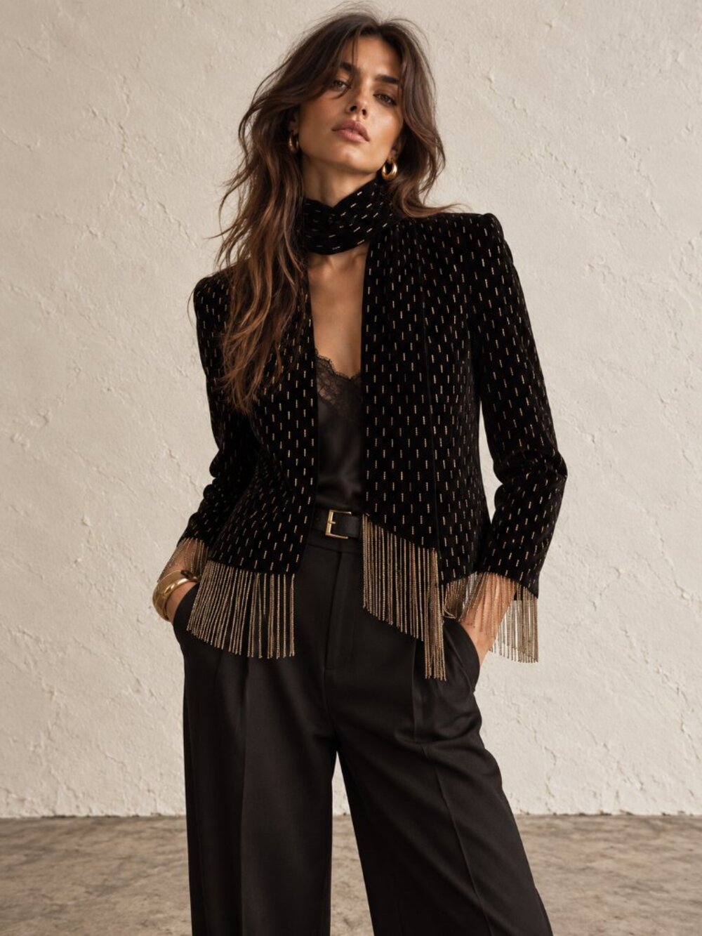 House of Harlow 1960 Black and Gold Blazer with beaded fringe